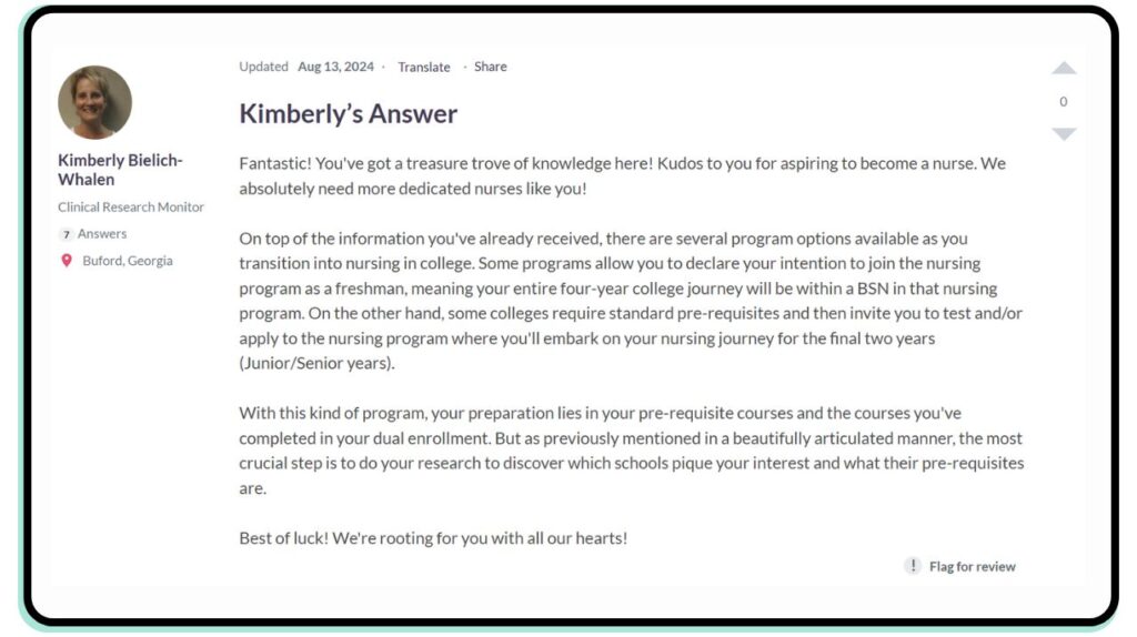A professional's response to Layla's question about nursing. Showing an example of the type of guidance pros on CareerVillage.org can provide.